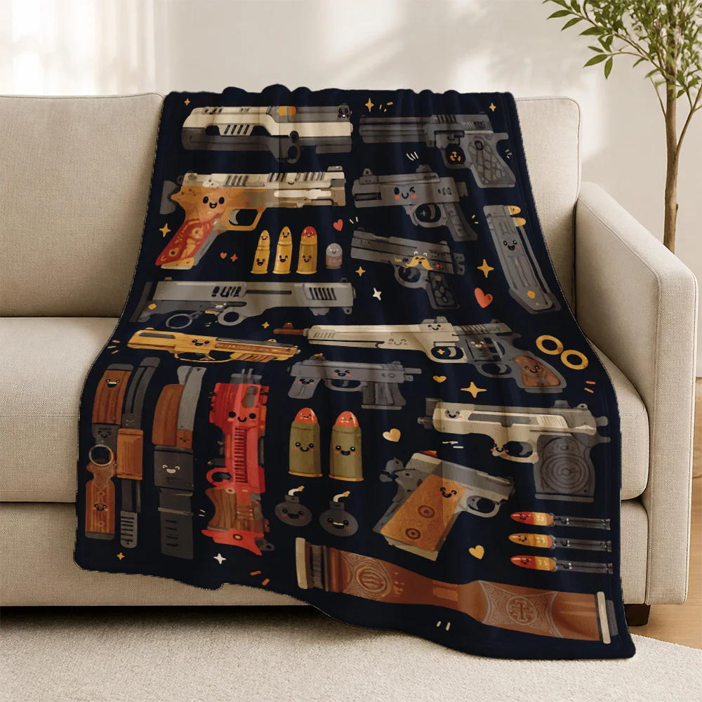 Stylish Gun Print Throw Blanket for Sofa Couch Decor Cozy Gift Novelty Weapons Design Home Textile Artwork Decorating Living Roo