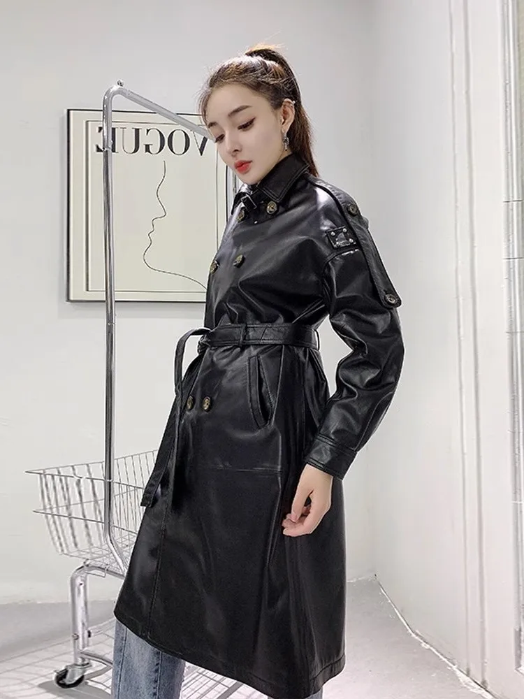 

Leather jacket 2023,Autumn New Women Military Double Breasted Belted Real Sheepskin Long Trench Coat Lapel Collar Windbreaker Ge