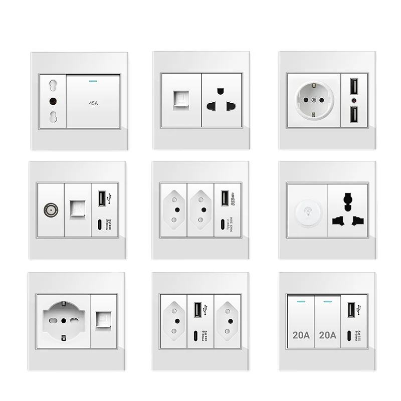 

PSSRISE 86 Type White Tempered Glass Panel Brazil Standard Wall Socket Switch Fast Charging 20w USB Type C Socket 10A 20A