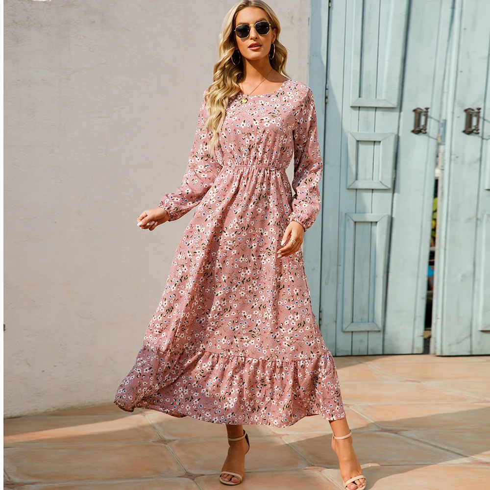 Vrouwen Maxi Jurken Sping Herfst Bohemian Casual Volledige Mouw Hoge Taille Strand Vrouw Chiffon Jurken Bloemen Vestido 'S Lange Jurk