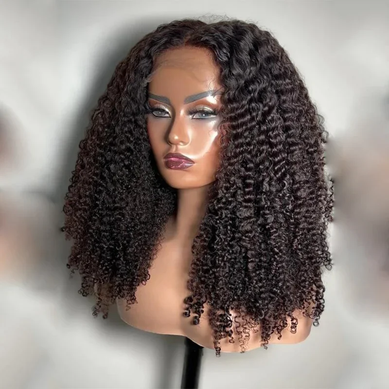 

180Density Soft Natural Black Glueless 26inch Long Kinky Curly Deep Lace Front Wig For Women With Baby Hair Preplucked Daily