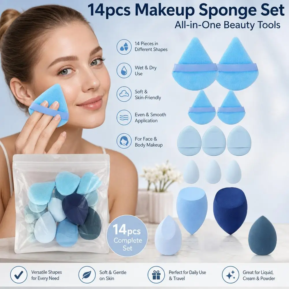 Cosmetic Sponge Kit 14 Pack Multi Functional Makeup Blenders And Velvet Powder Puffs Airbrush Finish Seamless Foundation Travel
