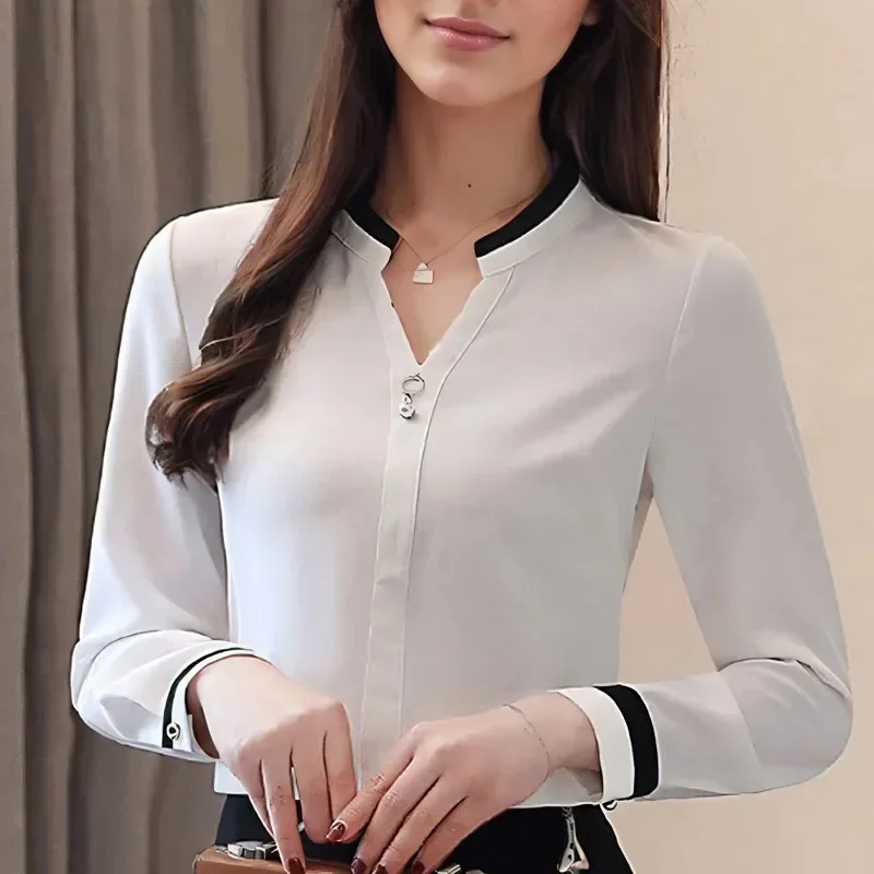 

GELITAYIN Fashion V Neck Chiffon Women's Shirts Elegant Long Sleeve White Women Blouse Office Tops Blue Female Clothing