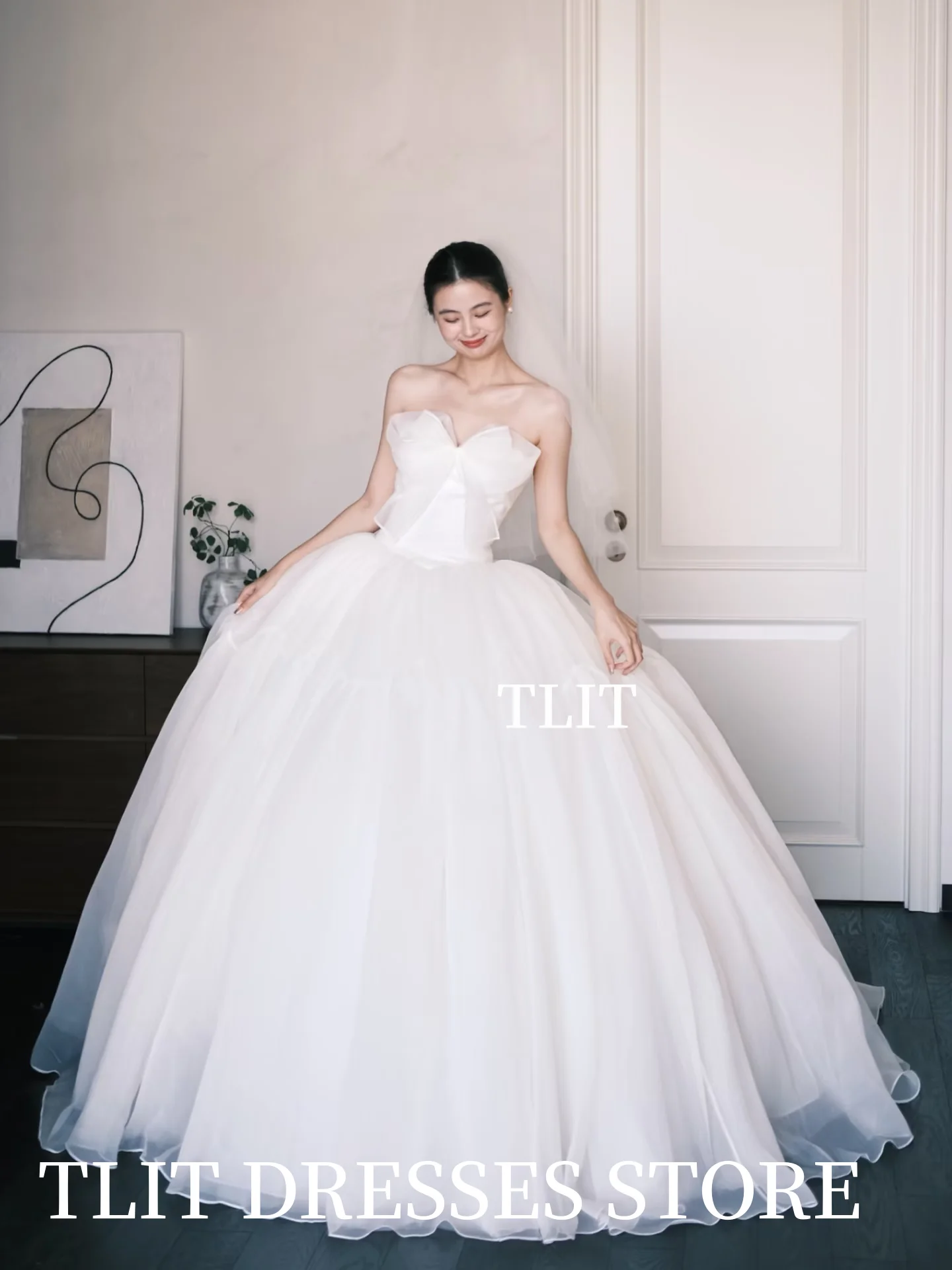 TLIT فساتين زفاف أنيقة من الأورجانزا العاجية فساتين زفاف كورية لالتقاط الصور بدون حمالات بفيونكة كبيرة فستان زفاف مخصص #3