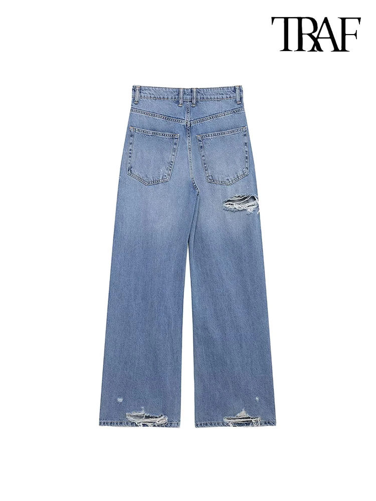 TRAF Women's Fashion 2025 spring new old worn holes wide leg straight pants street retro trend Slim women's loose casual jeans