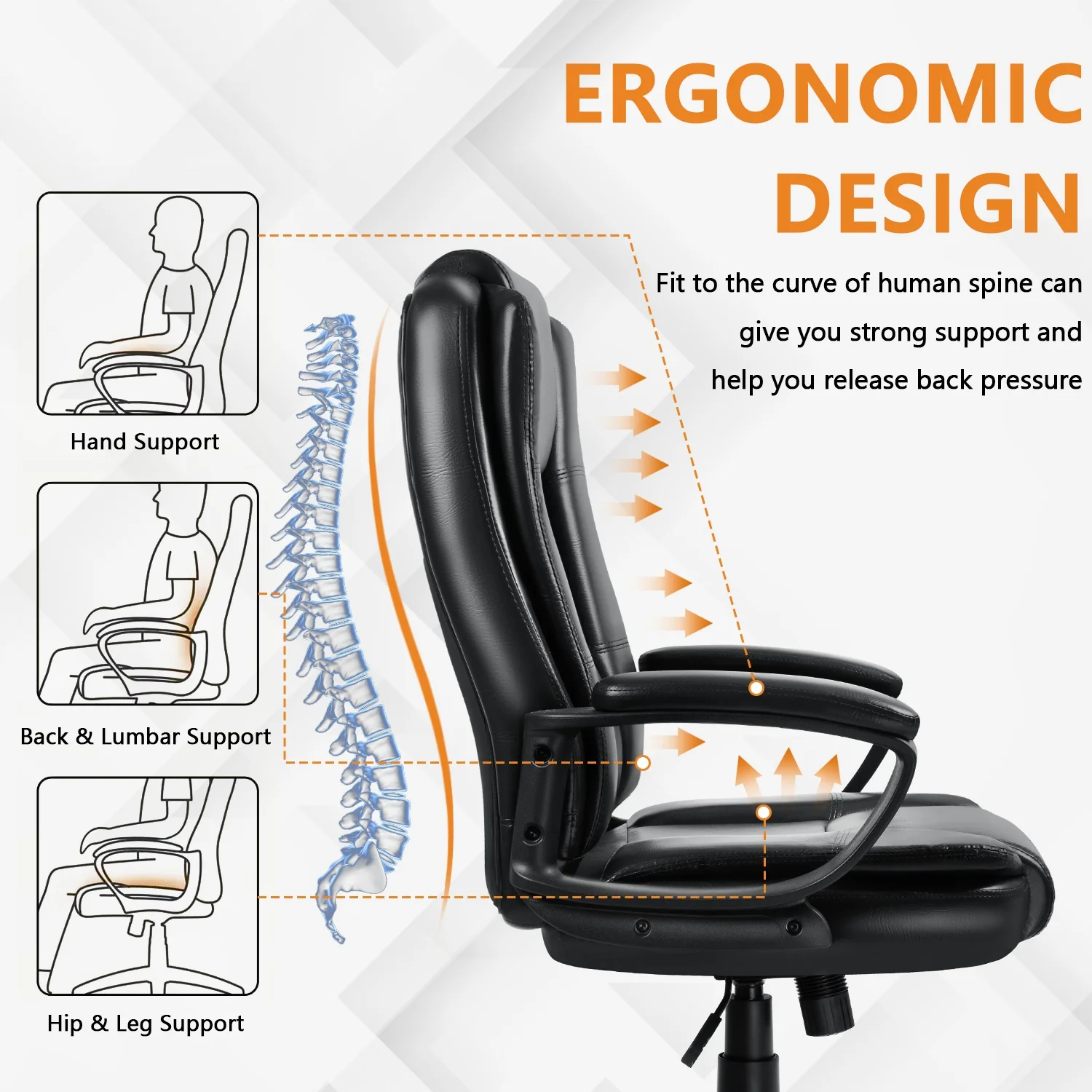 Home Office Desk Chair, 400LBS Big And Tall Computer Executive Chair, Ergonomic PU Leather Chairs with High Back Cushion, Adjustable Armrest &Lumbar Back Support, for Long Time Sitting LODEIJA view 6