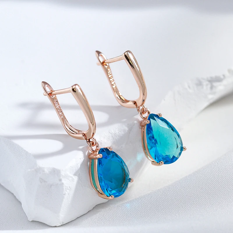 JULYDREAM Luxury Large Drop Shape Sea Blue Zircon Earrings 585 Gold Color Women Dangle Accessories Party Personality Jewelry