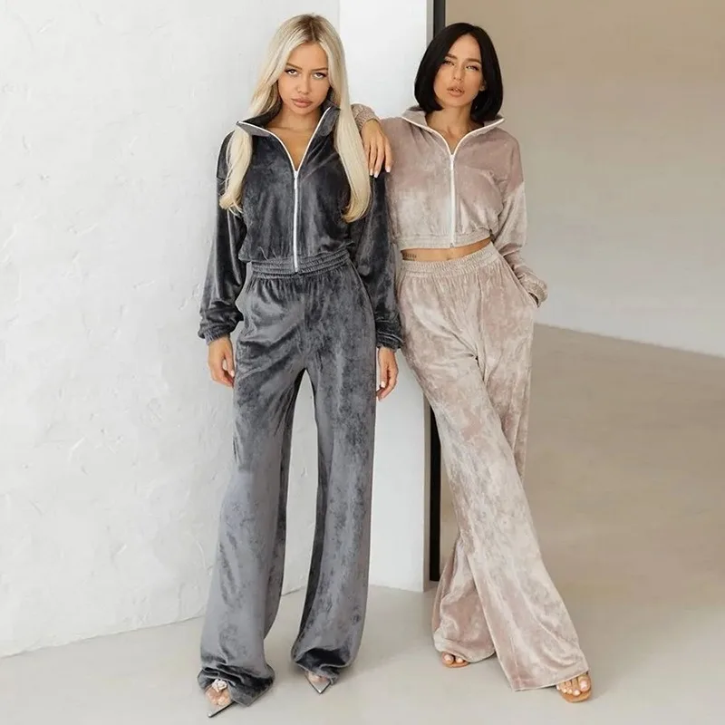 

2pcs Set Women's Fashion Long Sleeve Lapel Zipper Cardigan Hoodie Top Wide-Leg Pants Two-Piece Tracksuit Set