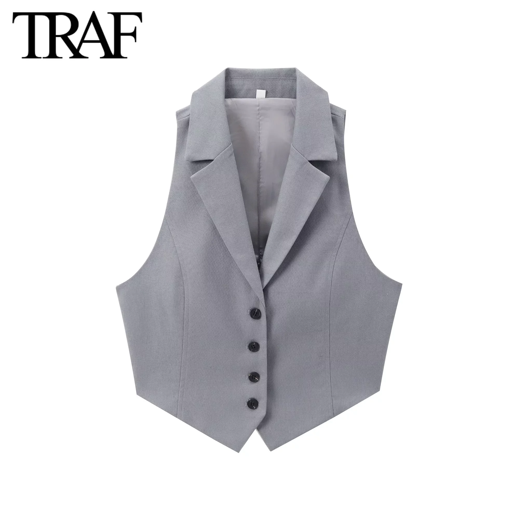 TRAF Women Fashion New Single-breasted Back Opening Design Vest Sleeveless Jacket Chic Female Waistcoat Jackets Mujer