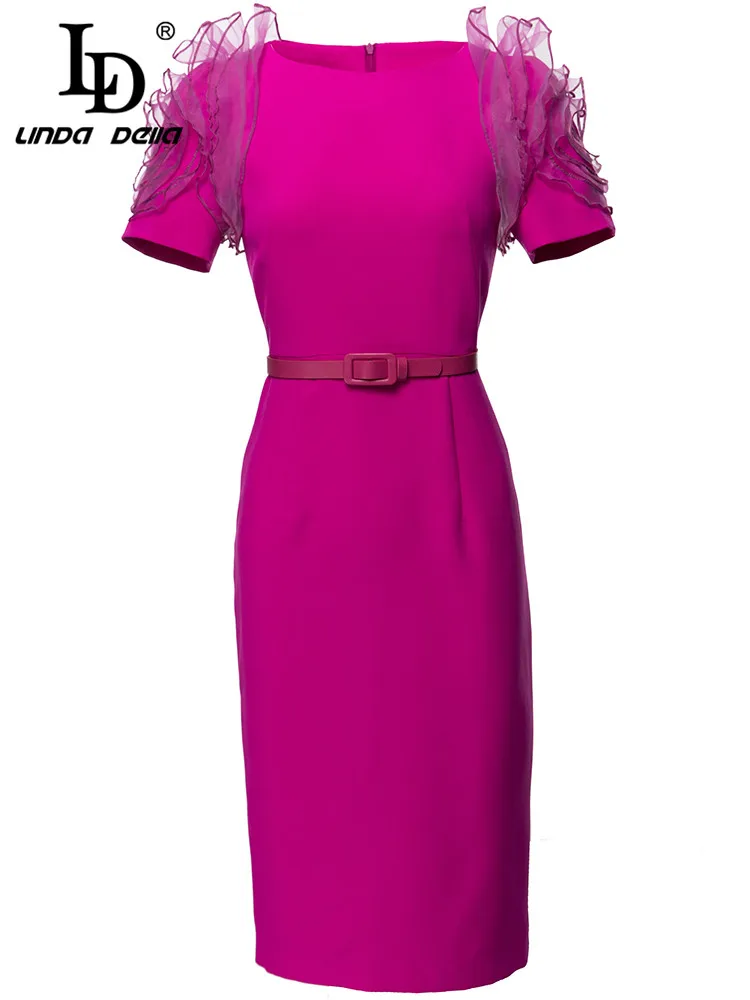 

LD LINDA DELLA Fashion Designer Summer Pencil Dress Short sleeve Ruffles Sashes Slim Solid color Knee-Length Dress