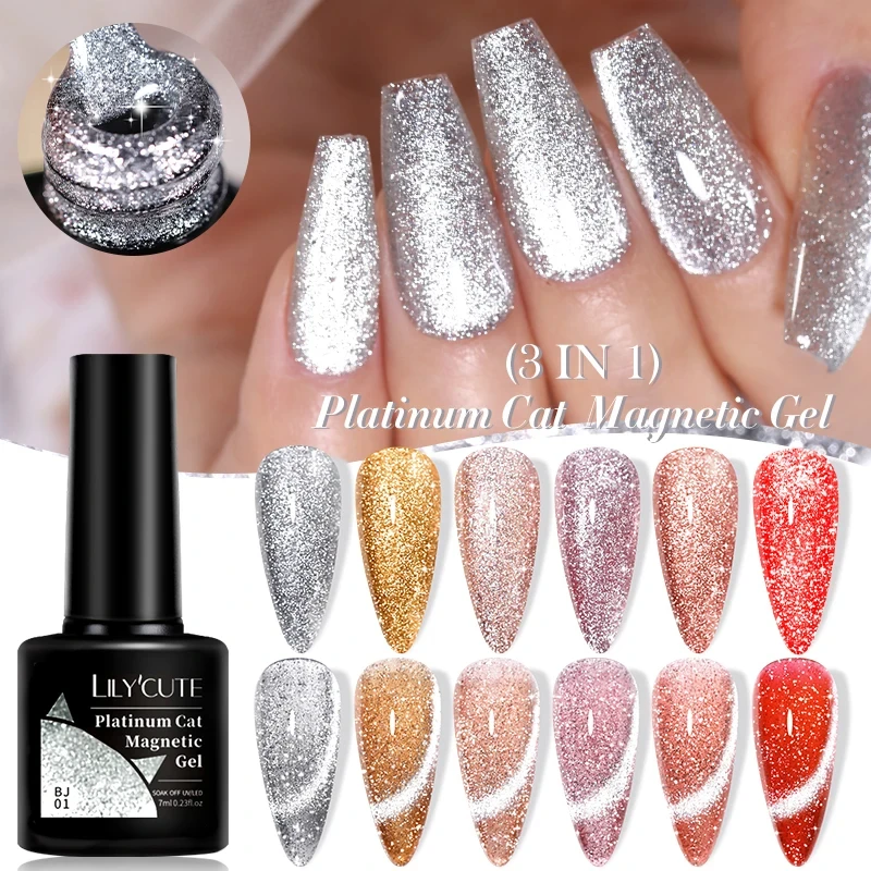 LILYCUTE Gel kuku magnetik kucing Platinum, Cat kuku Gel magnetik perak sinar bulan, berkilau Semi permanen 7ML