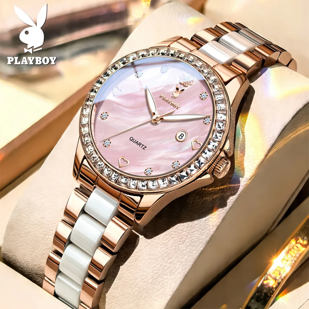 PLAYBOY 3555 Elegant Women's Date Quartz Watch Diamond Bezel Waterproof Super Luminous Stainless Steel Watches For Woman Reloj