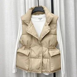 Parkas Vrouwen Vest Jassen Dikke Warme Mouwloze Turn Down Kraag Trekkoord Strakke Taille Jas Enkele Rij Knopen Herfst Winter