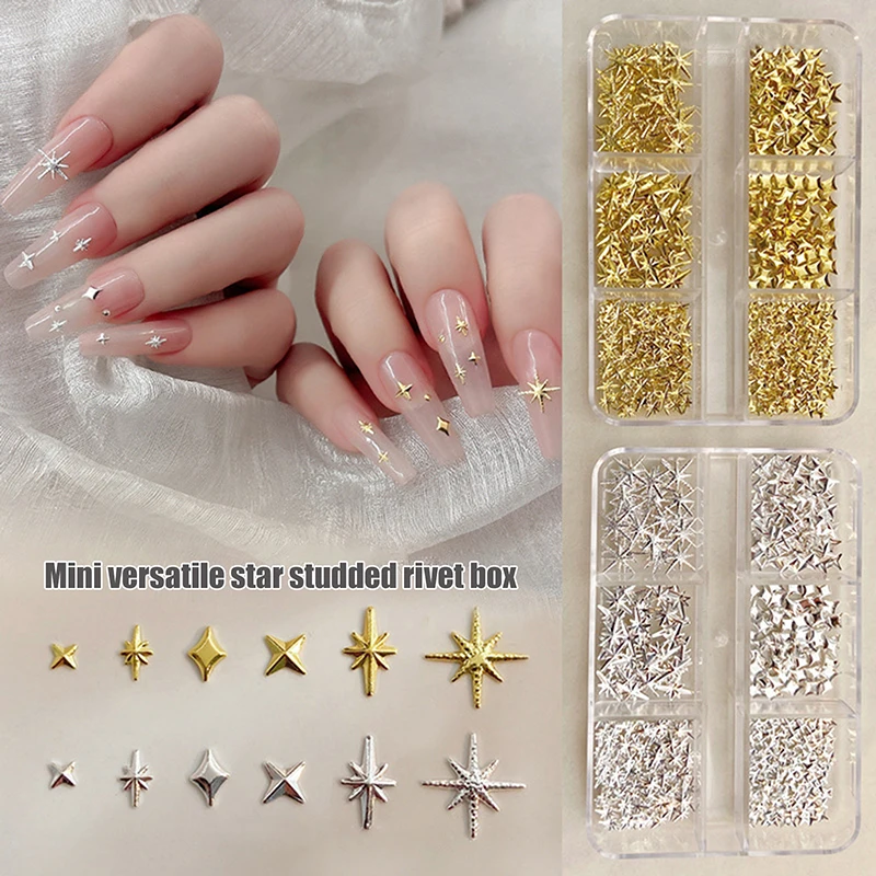 6 Grids Metallic Gold Silver Nail Art Rhinestones Decor Manicure Charms Flatback Starburst Pentagrams Jewel Nail Accessories