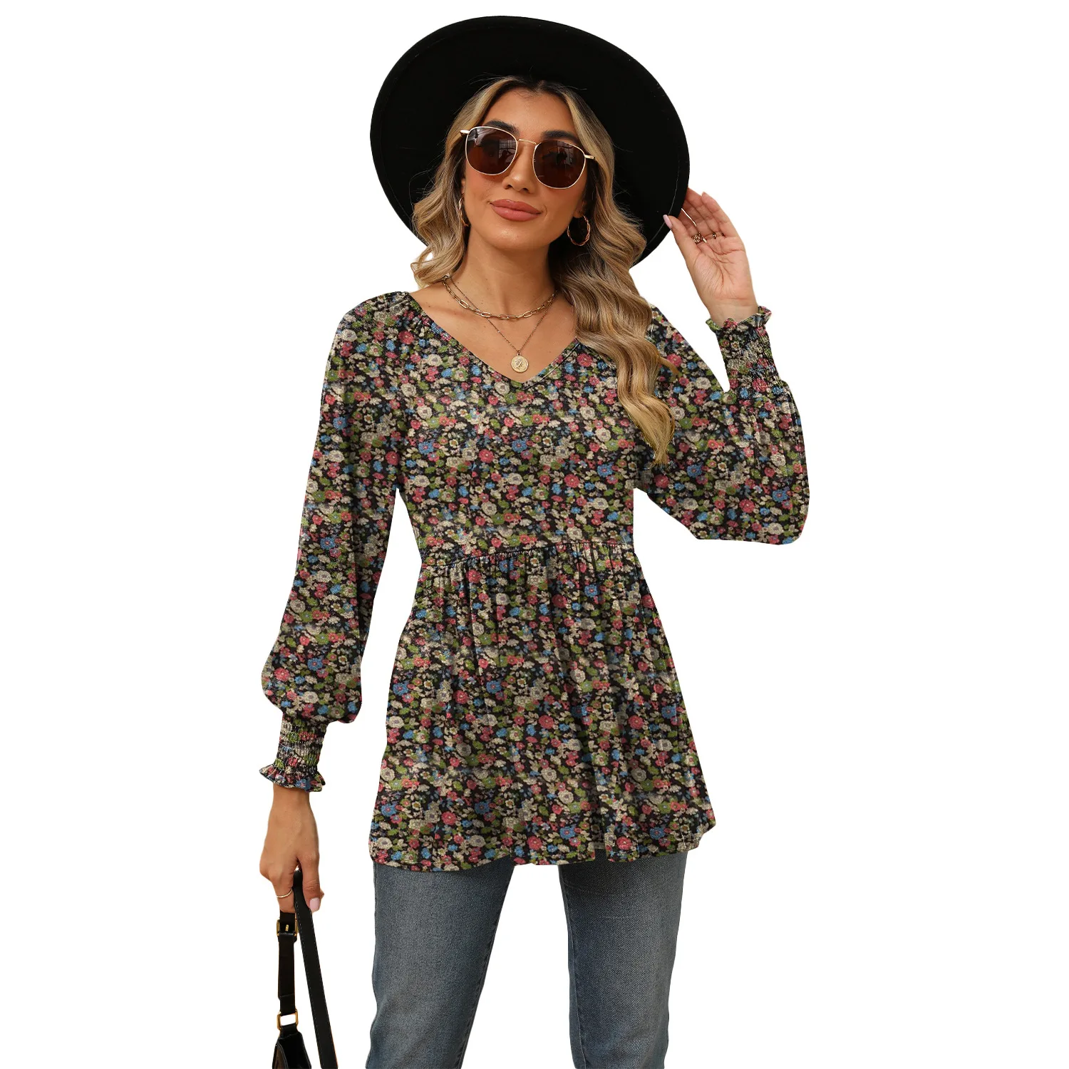 

Spring Autumn New Floral Printed Long Blouse Top Fashion Streetwear Casual Loose Long Sleeves V-Neck T-Shirt Tops Female clothin