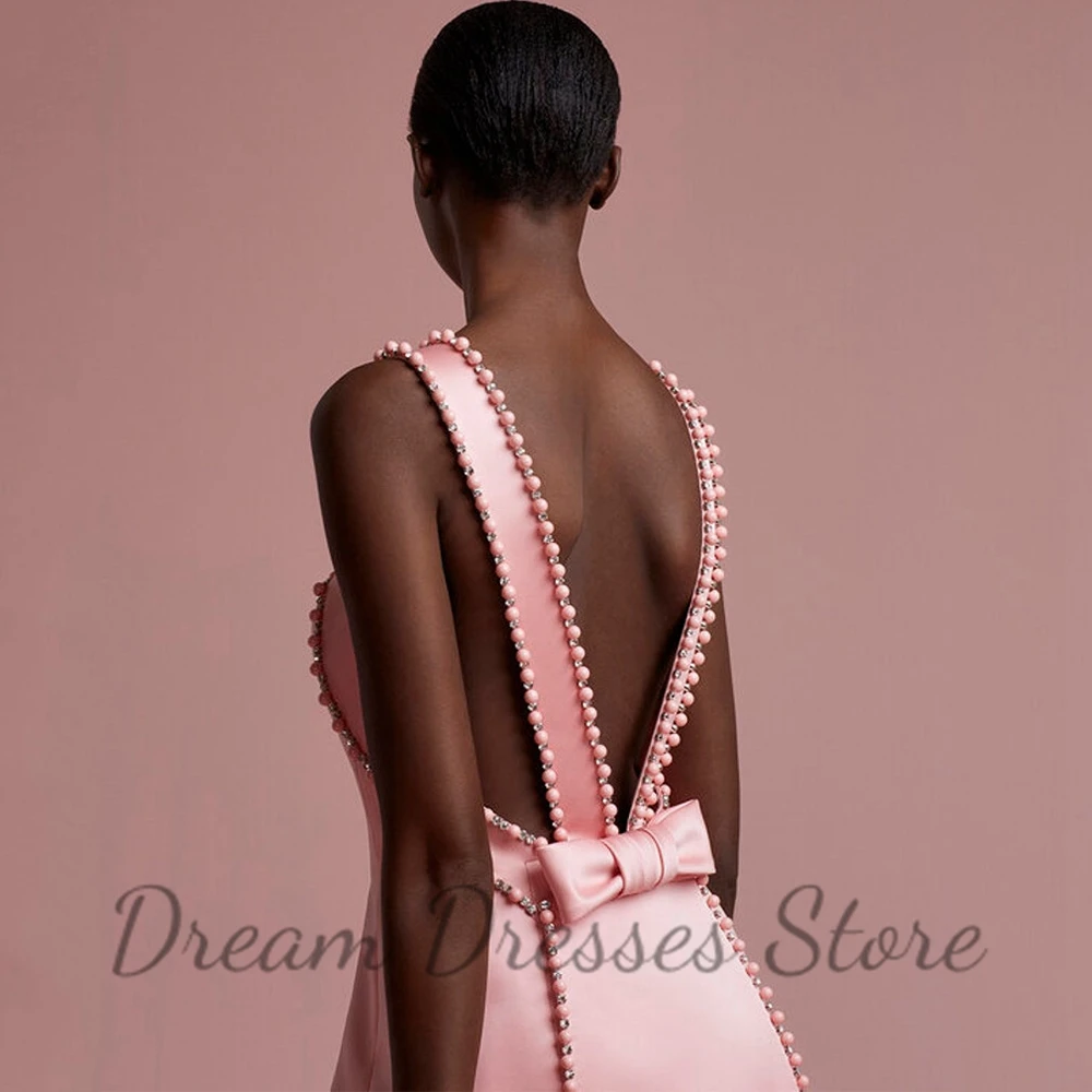 Pink Pearls V-Neck Sleeveless Evening Dress A-Line Floor Length Sexy Open Back with Bow Women Banquet Party Custom Gowns