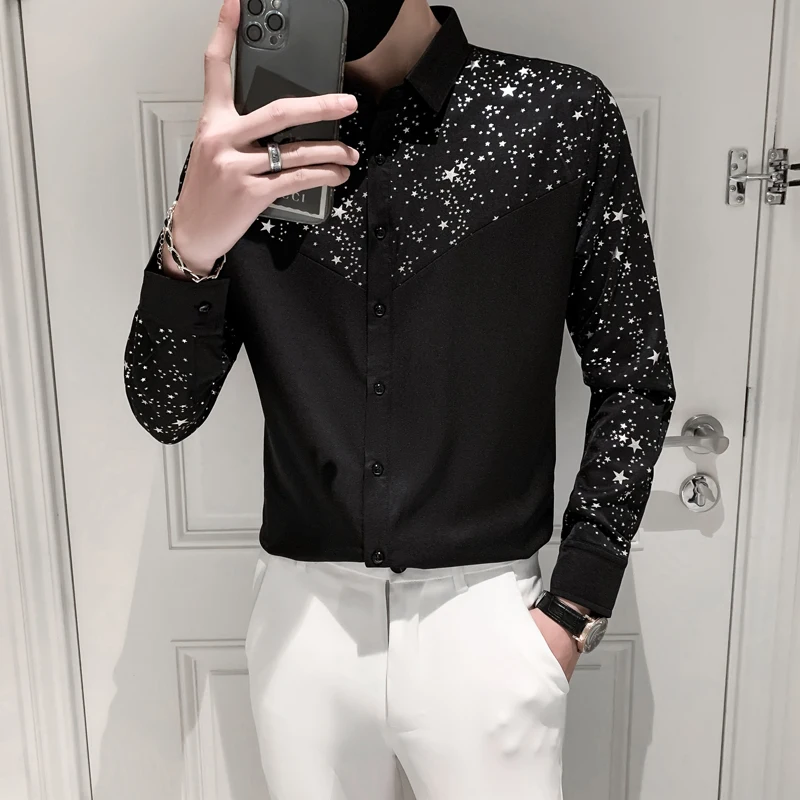 2024 Knappe Casual Single Row Multi-Gesp Trendy Shirt Heren Mode Effen Kleur Shirts Starry Shirt Heren Lange Mouw Tops