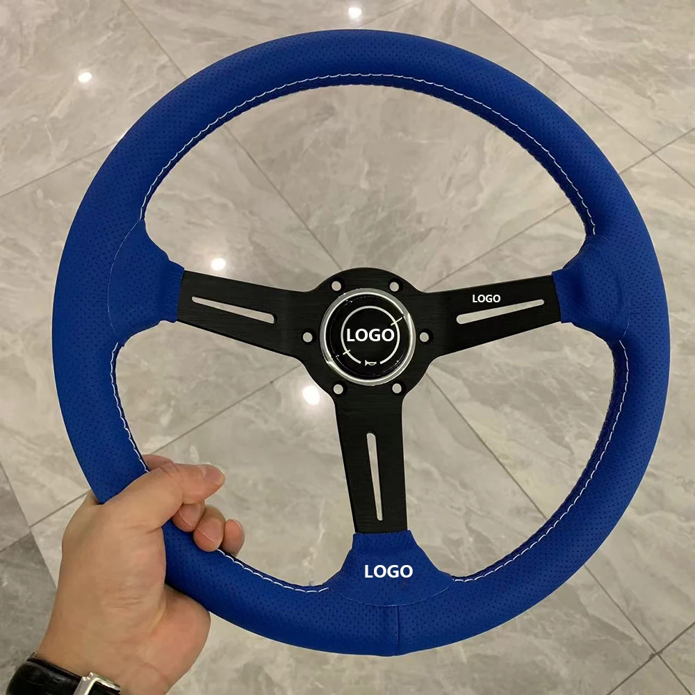 14inch 350mm Blue Perforated Leather Steering Wheel  Universal Racing Drifting Steering Wheel Black Spoke