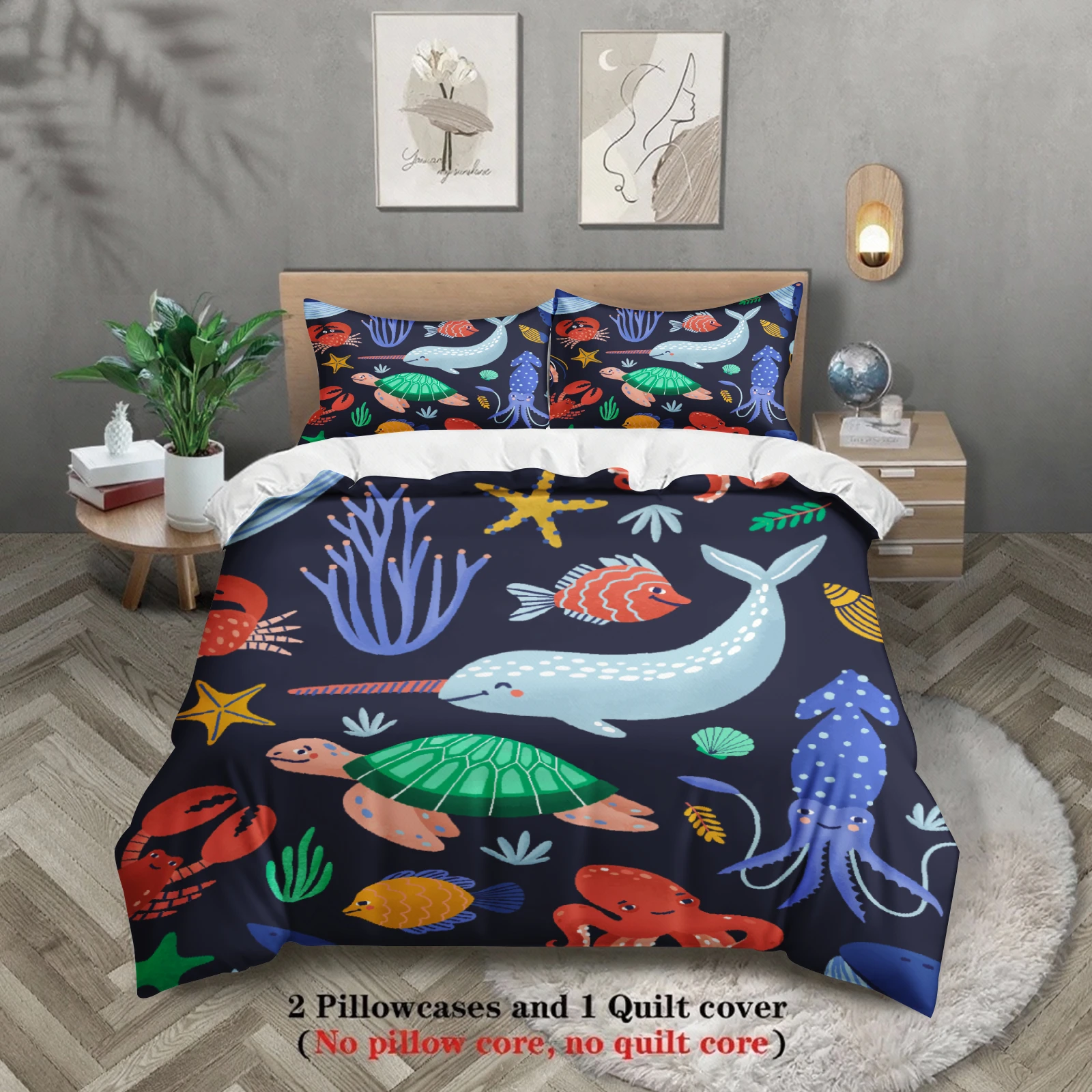 3pcs Ocean Animal Bedding Sets Bedroom Playful For Kids Children3D Printed Sea Life Duvet Cover Sets With Pillowcases No Filling