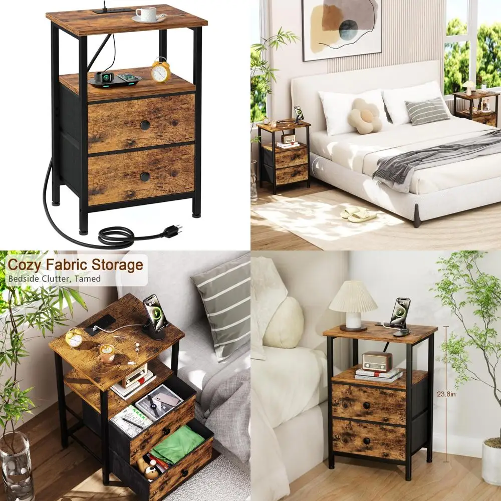 

Приставной столик для хранения в спальне с тканевыми ящиками и USB-зарядной станцией