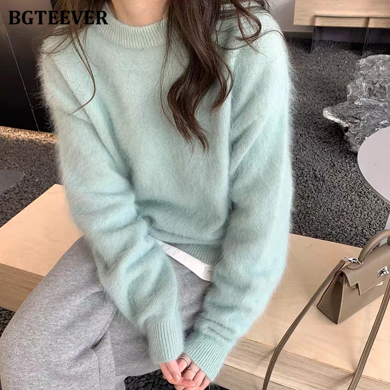 

BGTEEVER осень-зима женские вязаные пуловеры с круглым вырезом повседневные утепленные женские свитера с длинными рукавами джемперы