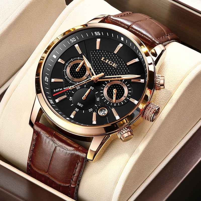 LIGE Brand Watches Men Luxury Casual Leather Quartz Mens Watch Business Wristwatch Male Sports Waterproof Date Chronograph Clock