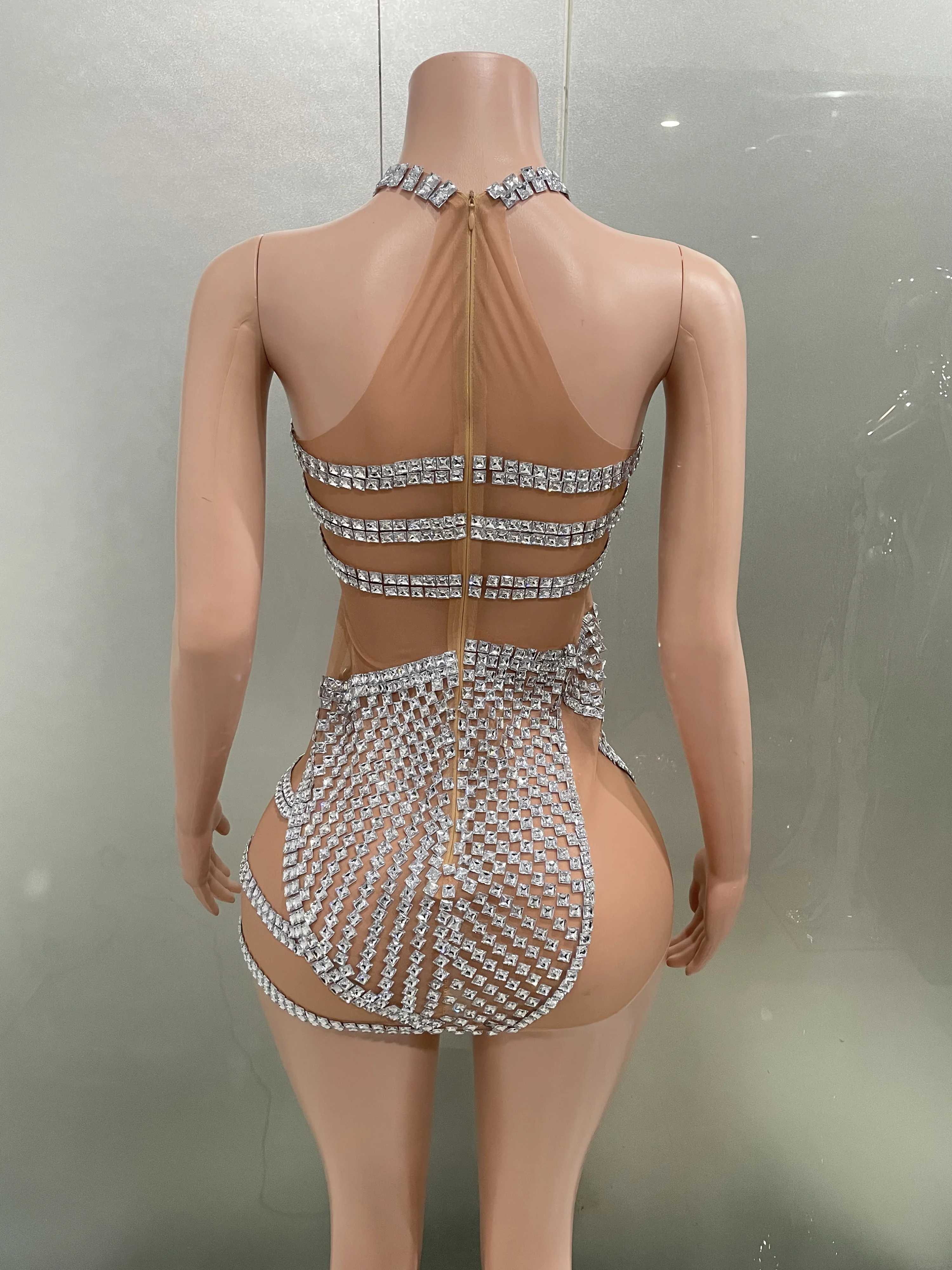 Women Luxury Sparkly Rhinestone Sleeveless See Through Bodycon Mini Dresses Sexy Prom Club Nightclub Party Performance Costume