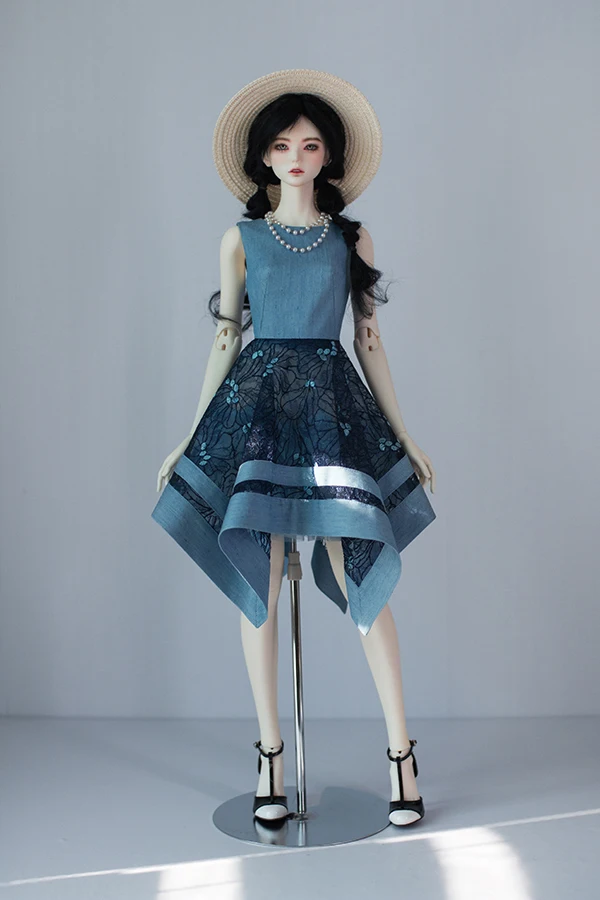 Custom-made 1/3 BJD Dolls High-quality Denim Splicing Lace Sleeveless Dress Big Bow Backless Formal Attire for Big Female Uncle