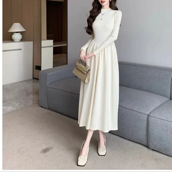 フレンチスタイルハイカラー長袖ニットドレス女性秋冬コートインナーウエストシンチングマキシスカート新着ファッション