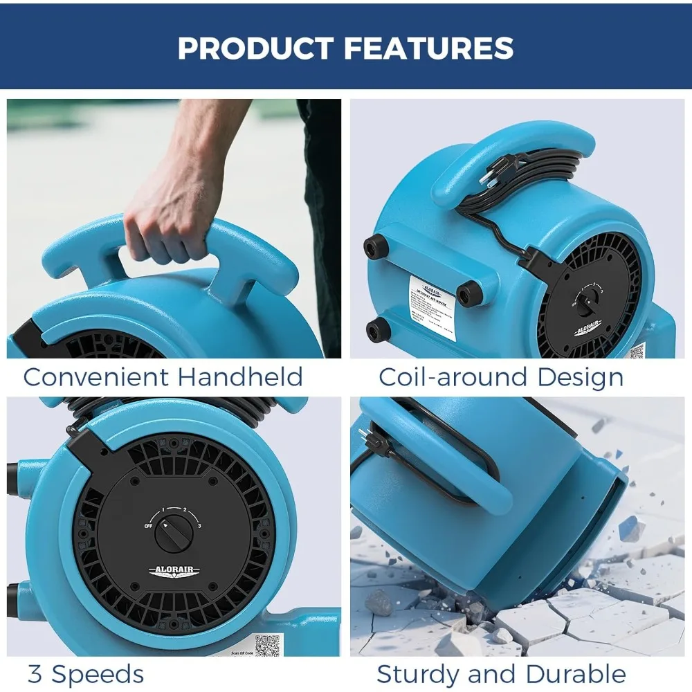 1000 CFM 에어 무버 블로워 팬, 바닥 건조 팬, 카펫 건조기, 블로워, 3단 속도 조절 가능, 5단계 각도 조절 가능, 19.68