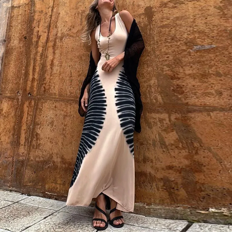 Elegant U-neck Sleeveless Slim Sling Dress Women Sexy Backless Bandage Party Dress Fashion Pattern Print Hollow Out Long Dress