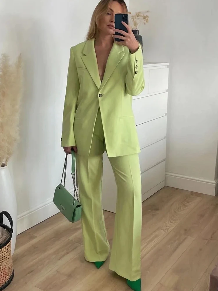 Chic Notch Lapel Single Button Women Suits Two Piece Fashion Solid Casual Daily Basic Wear Formal Business Office Pants Sets