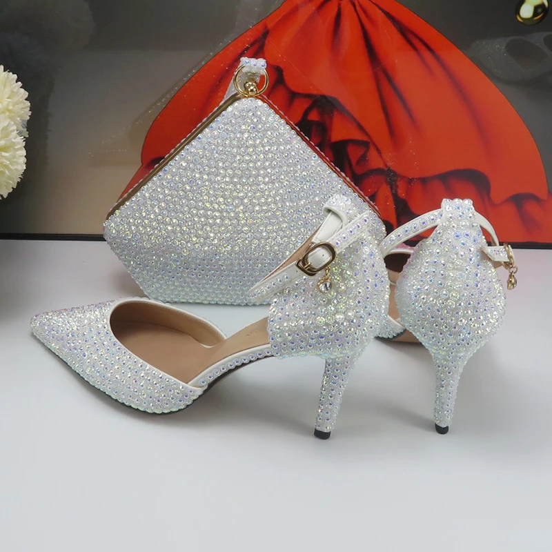 Bride Wedding shoes and Bag White AB Bling Crystal Sandals Woman Thin Heel Ankle Strap Party Shoes Matching Bag Pointed Toe Pump