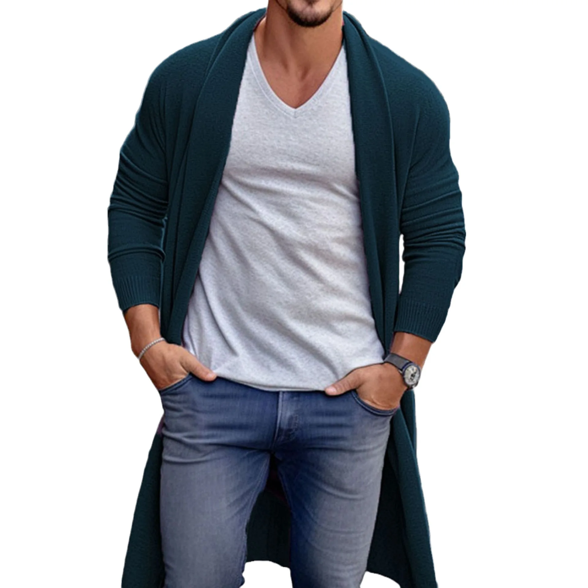Cárdigans de punto fino de primavera/otoño para hombre Chaquetas largas de lana sueltas para hombre