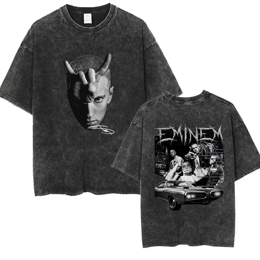 90er Rapper Eminem World Tour Musik Grafik T-Shirts Herren Coole Hip-Hop Vintage Gewaschene Oversized T-Shirts Unisex Gothic Streetwear – Detail 8