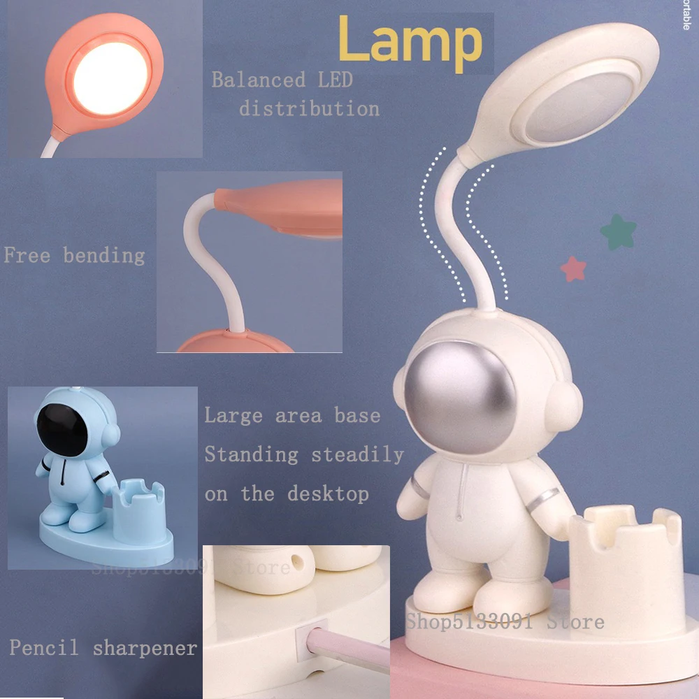 Creative Astronaut Led Study Desk Lamp with Pencil Sharpener Bedside Color Adjust Table Lamp for Kids Student Room Night Light