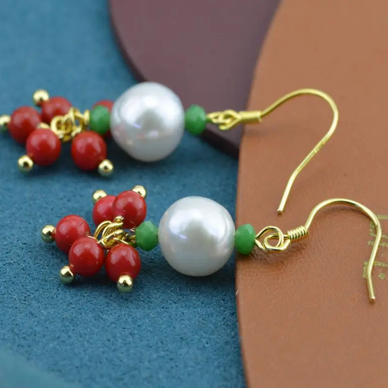 

Handmade natural red coral beads earrings shell pearls Bohemian Office Men Beaded Gemstone Women Platinum Bridal