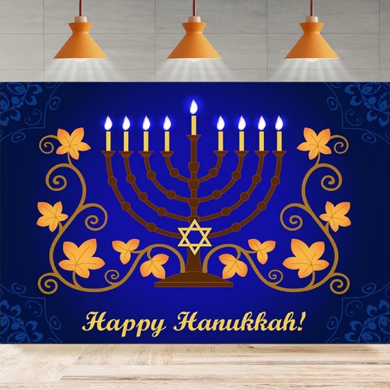 

Photography Backdrop Happy Hanukkah Party Decorations Menorah Blue Shiny Lamps Chanukah Background Poster Banner