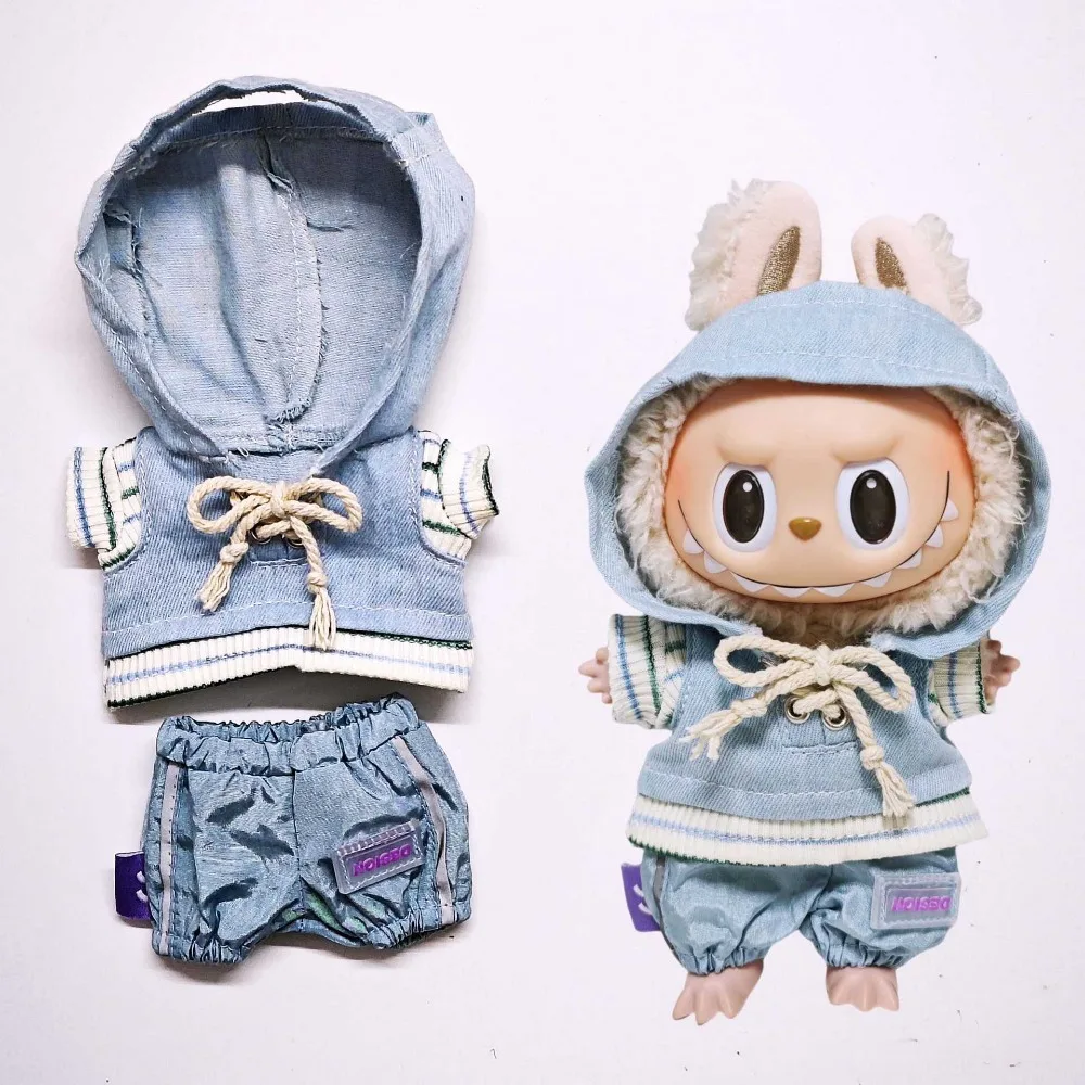 

For 17cm Labubu Doll Clothes Outfit Denim Hoodie Trousers Shoes Dolls Accessories Sitting Party Changing Dress Game Toys