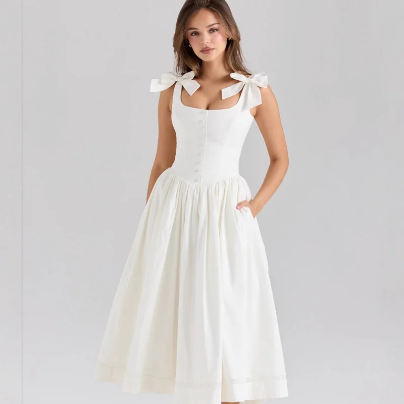 

Fresh Sweet White Bow Trimmed Dress Women French Temperament Single Breasted Waisted Long Lady Party Club