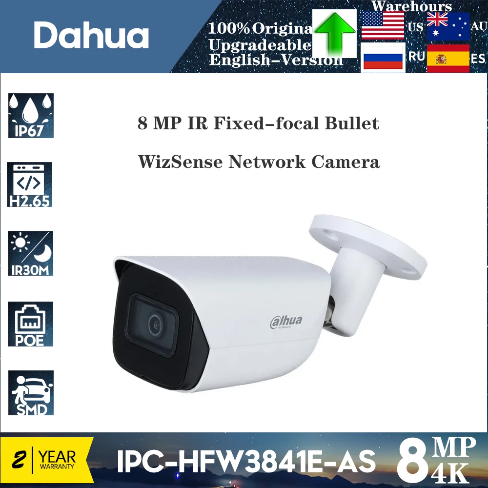 Original Dahua 8MP POE IP Camera IPC-HFW3841E-AS IR30M Built-in Mic & Audio & Alarm interface SMD Plus WizSense Bullet Camera