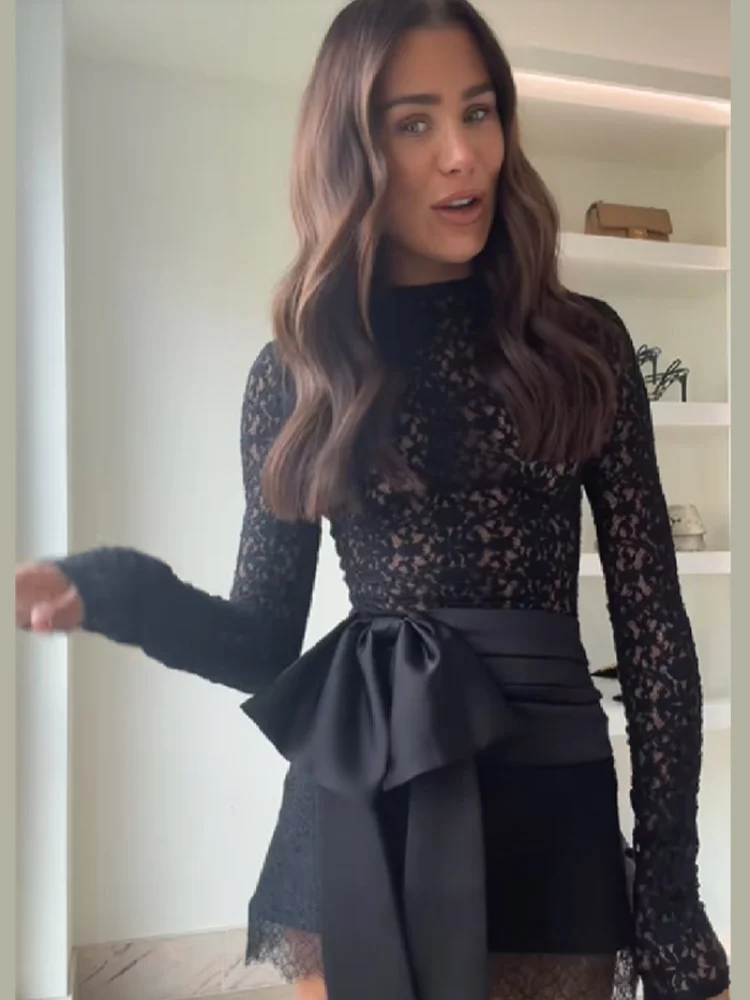 Fashion Black Lace Set Satin Bow Mini skirt Sexy Hollow Out O Neck Long Sleeve See Through Outfit NEW Vacation Party Clothing view 5