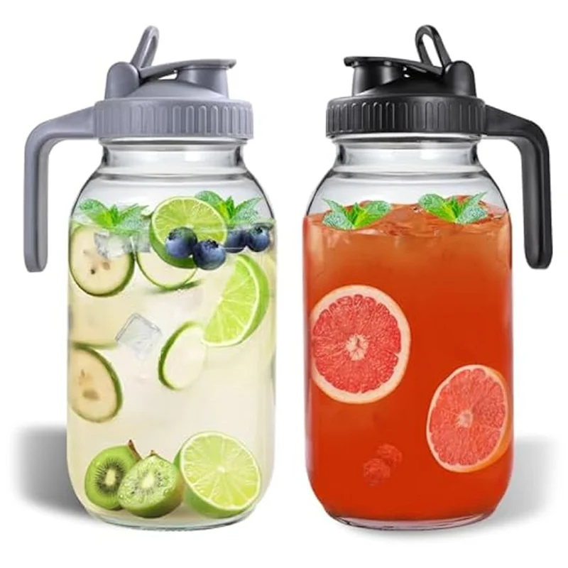 

G6-2Pcs 64Oz Glass Pitchers With Lid And Spout,Mason Jar Pitchers, Wide Mouth Jar Leak-Proof Water Jug For Water,Juice,Milk
