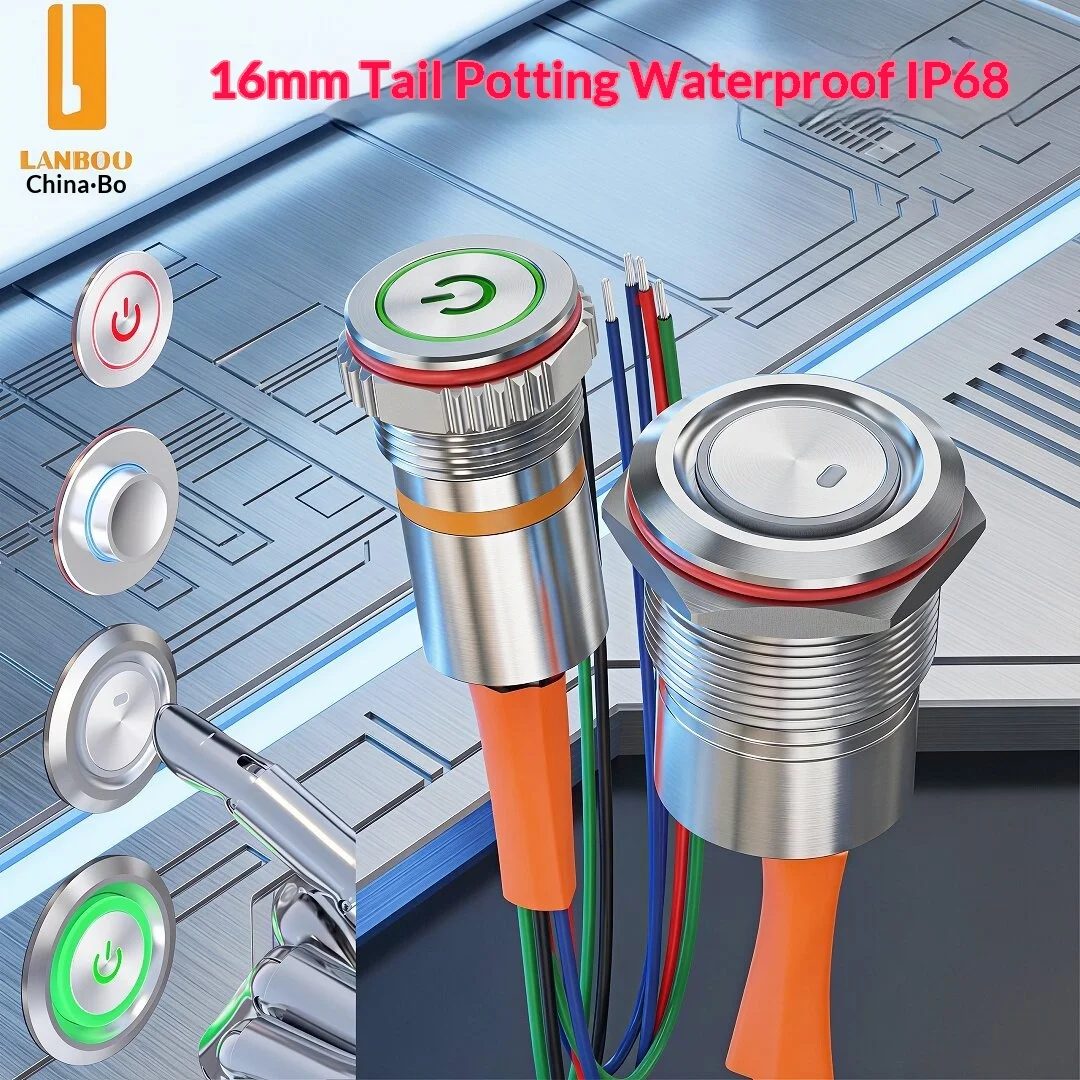 

Кнопочный выключатель LANBOO 16F1 с высокой токопроизводительностью, водонепроницаемый (IP68), самозащелкивающийся, металлический, 16 мм, с подсветкой LED.