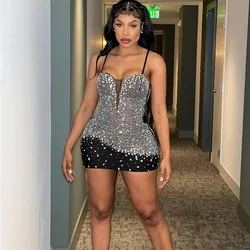 Sparkly Crystal Rhinestone Birthday Dress for Women Elegant Night Club Party Dresses Spaghetti Straps Strapless Sexy Mini Dress