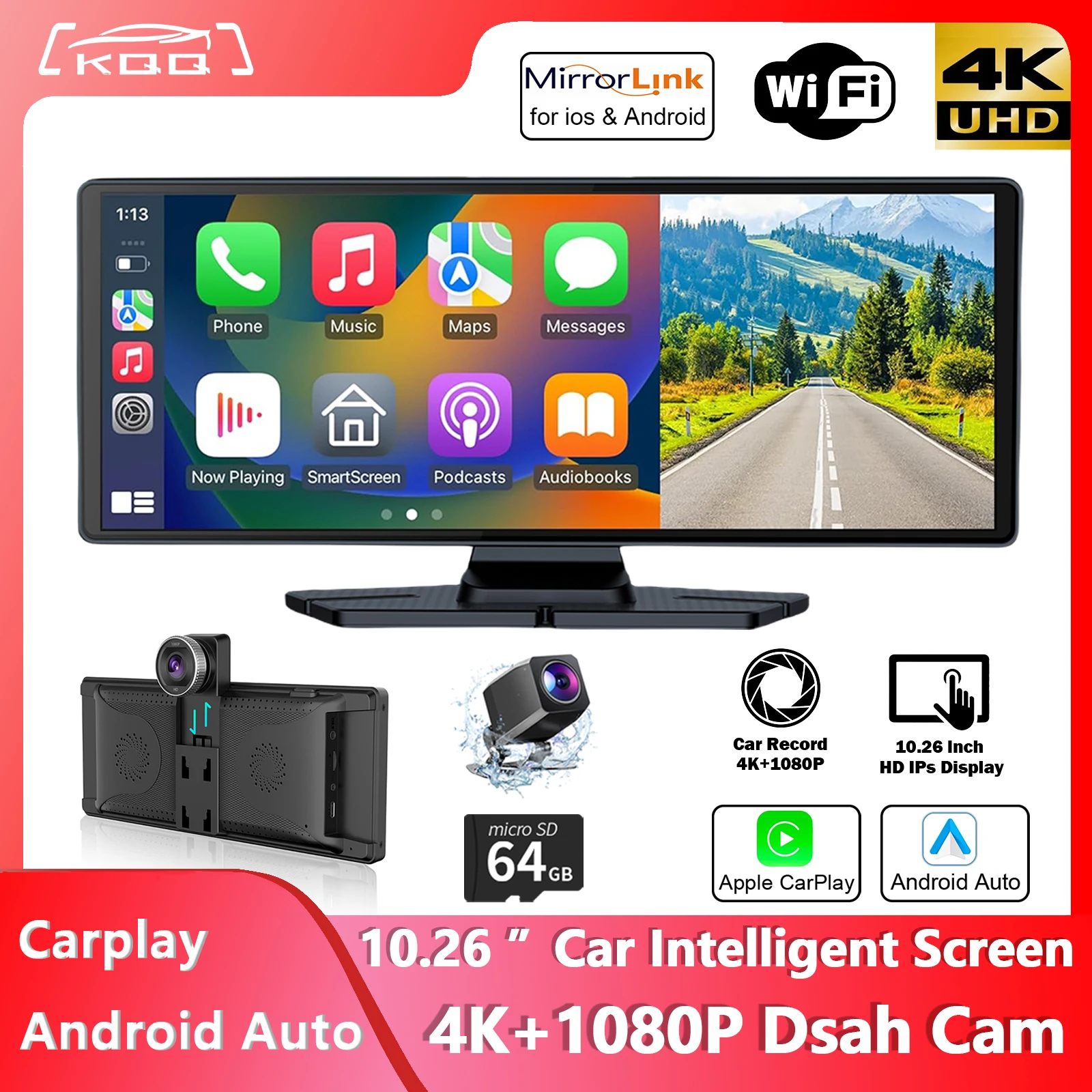 

KQQ 10.26" Car Intelligent Screen with 4K Dash Cam Carplay Android Auto Portable Car Stereo Touchscreen Car Multimedia Player