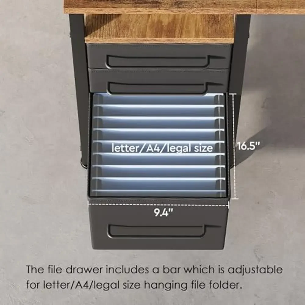 Writing Desk with Drawers and Storage Shelf Adjustable Metal Frame Compact Computer Office Desk Rustic Brown Wood Surface