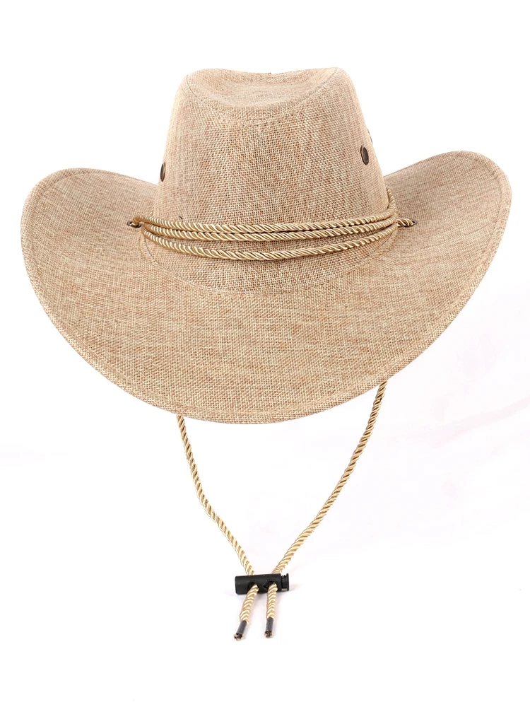 Unisex Women Men Solid Color Spring Summer Linen Breathable Roll Up Wide Brim Sun Sunscreen Cap Beach Cowboy Cowgirl Western Hat