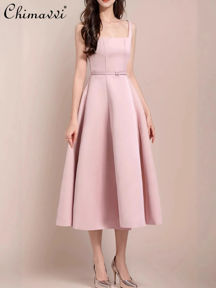

French Elegant Temperament Socialite Square Neck Sleeveless High Waist Belt Slim A-line Pleated Long Evening Dress Women Summer