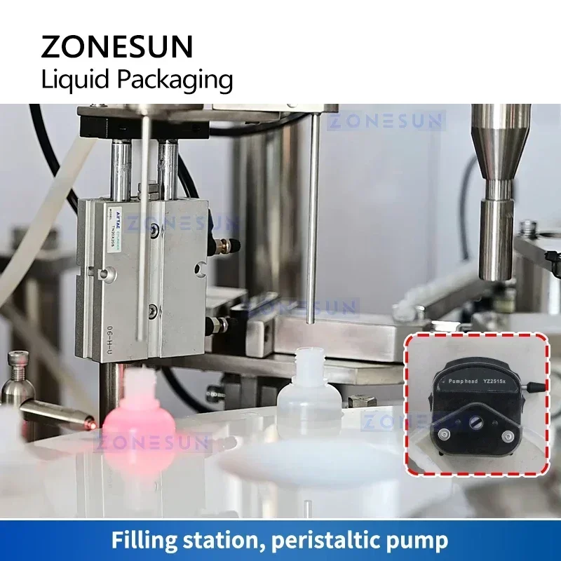 ZONESUN ZS-AFC450-2 Máquina automática de llenado y tapado de líquidos para botellas de gotas para ojos de aceites esenciales con sistema divisor de leva